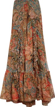 Etro Paisley Print Ruffle Silk Chiffon Maxi Skirt
