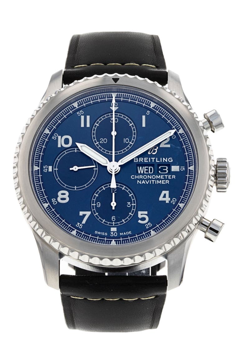 Breitling Preowned Navitimer 8 Chronograph Leather Strap Watch, 43mm, Main, color, BLUE