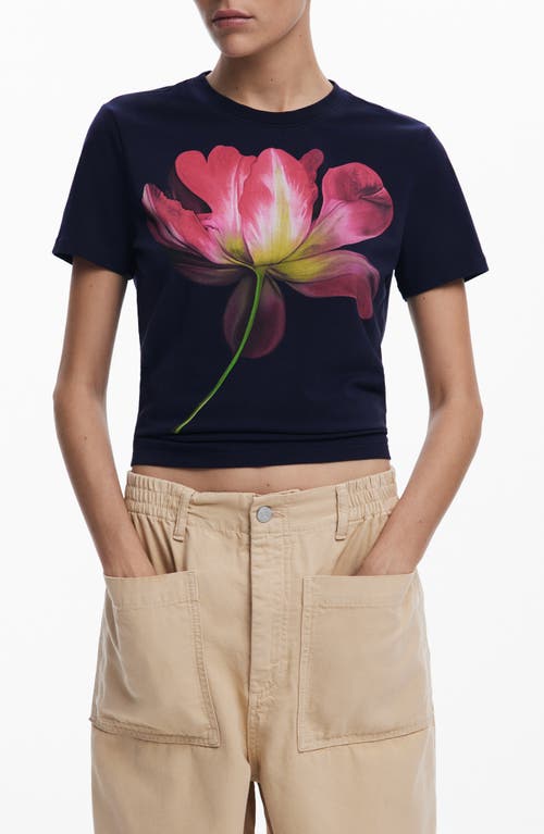 Desigual Fitted Floral Crop T-shirt In Navy Blue