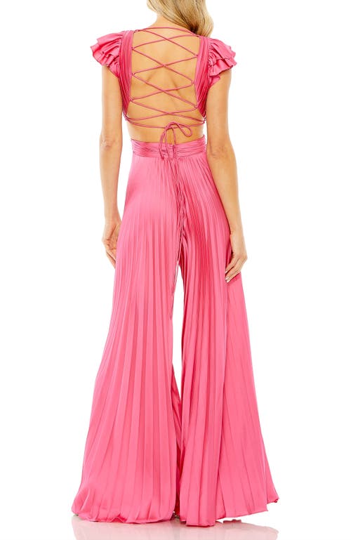 Mac Duggal Ruffle Cap Sleeve Cutout Heat Pleated Jumpsuit In Candy Pink