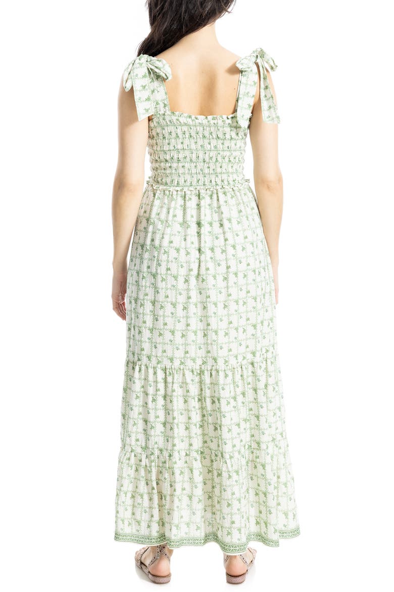 Tie Strap Smocked Tiered Sundress, Alternate, color, WHITE/ GREEN LEAFY SCALLOP