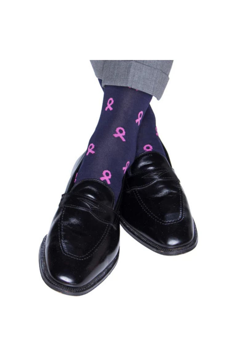 Breast Cancer Awareness Over The Calf Mercerized Cotton Socks, Alternate, color, Navy with Pink Ribbons