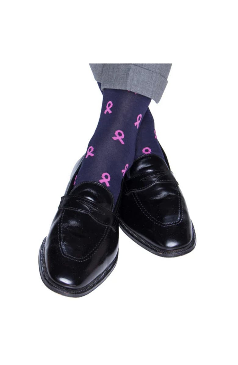 Trafalgar Breast Cancer Awareness Over The Calf Mercerized Cotton Socks, Alternate, color, Navy With Pink Ribbons