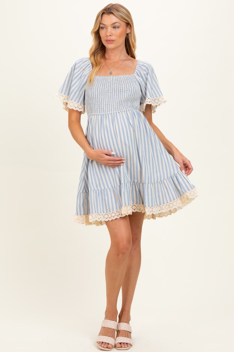Striped Smocked Lace Trim Dress, Alternate, color, Light Blue