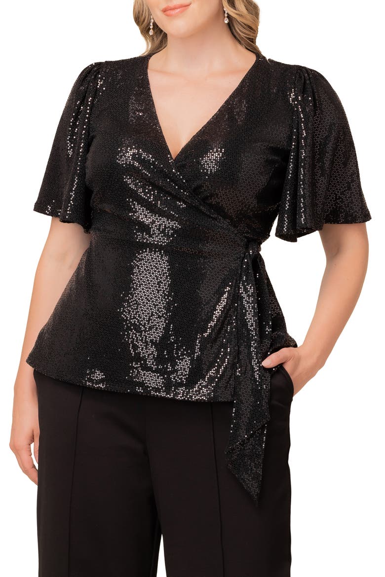 Shimmerying Sequin Wrap Top, Main, color, ONYX