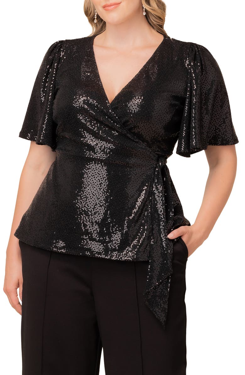 Kiyonna Shimmerying Sequin Wrap Top, Main, color, Onyx