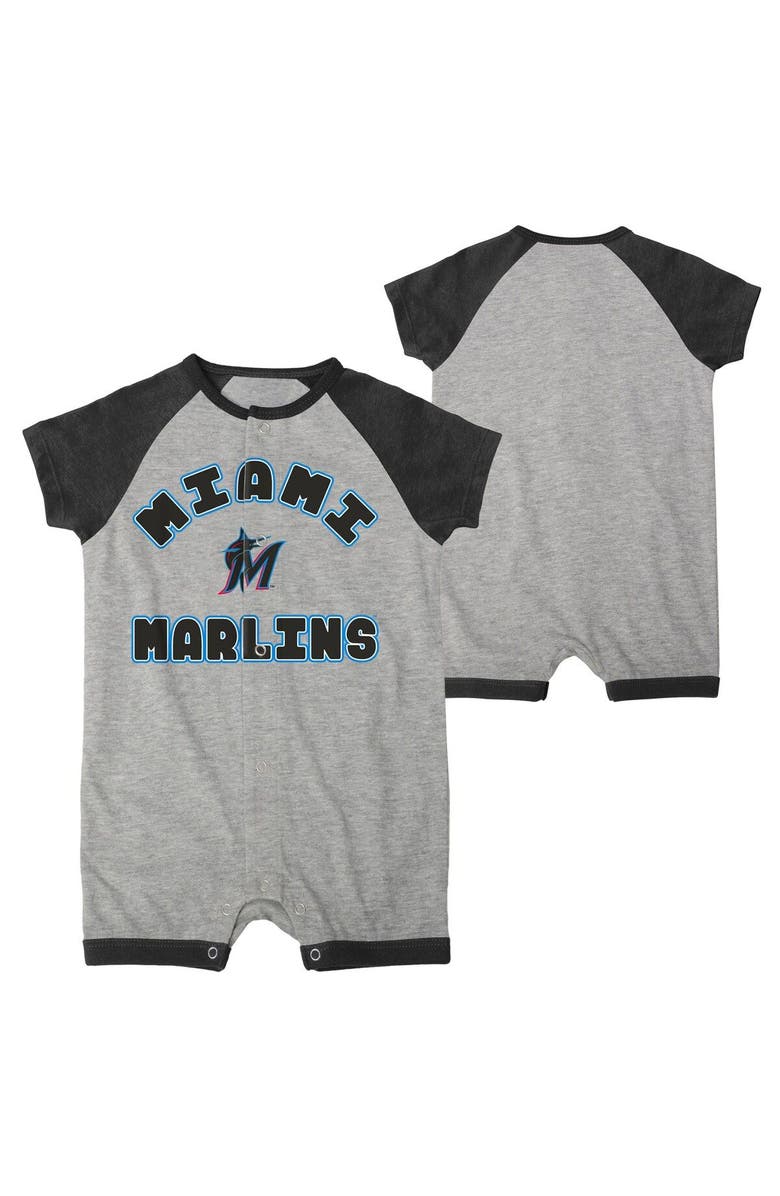 Outerstuff Infant  Heather Gray Miami Marlins Extra Base Hit Raglan Full-Snap Romper, Main, color, Heather Gray