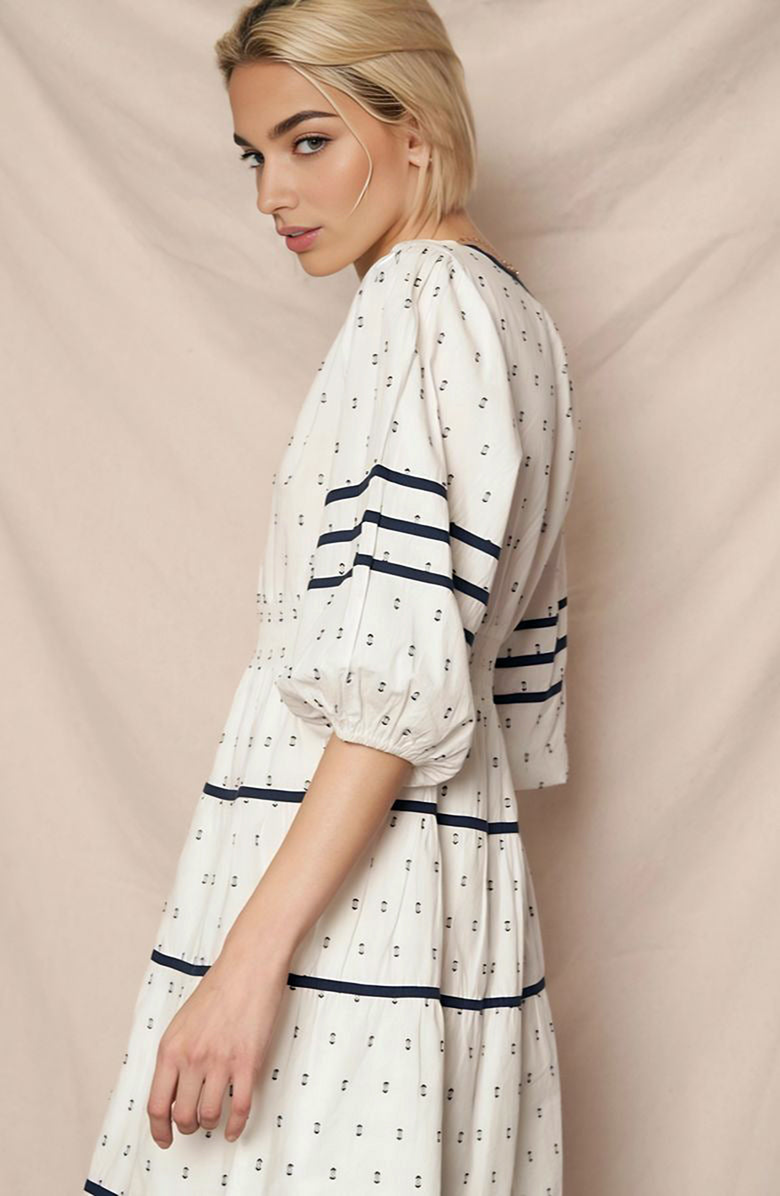 Knit and Lounge Smocked Waist Mini Dress with Flared Sleeves, Alternate, color, Navy Stripe