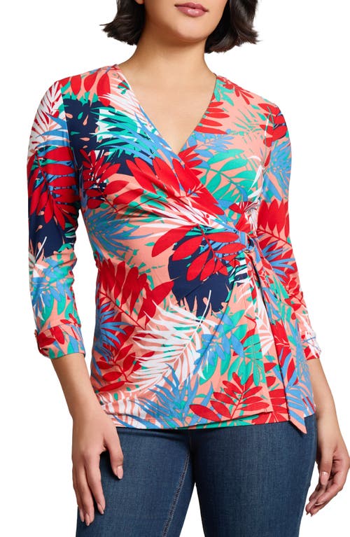 Jones New York Leaf Print Jersey D-ring Wrap Top In Multi
