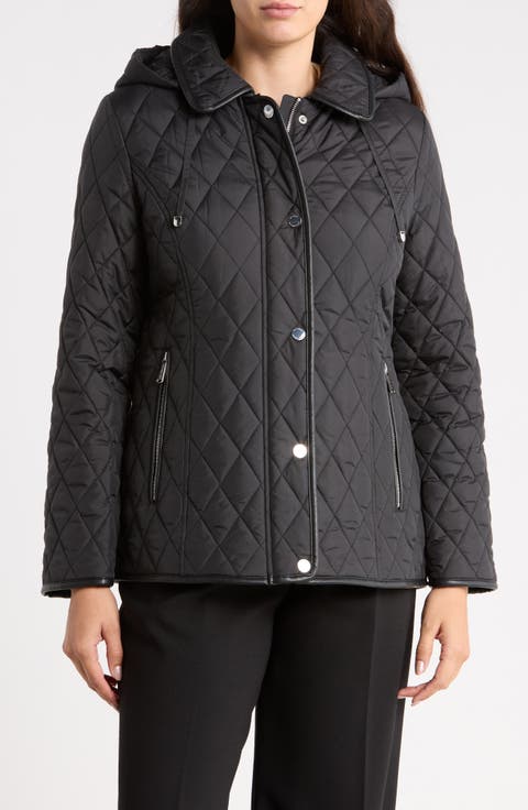 Quilted Hooded Jacket with Faux Leather Trim