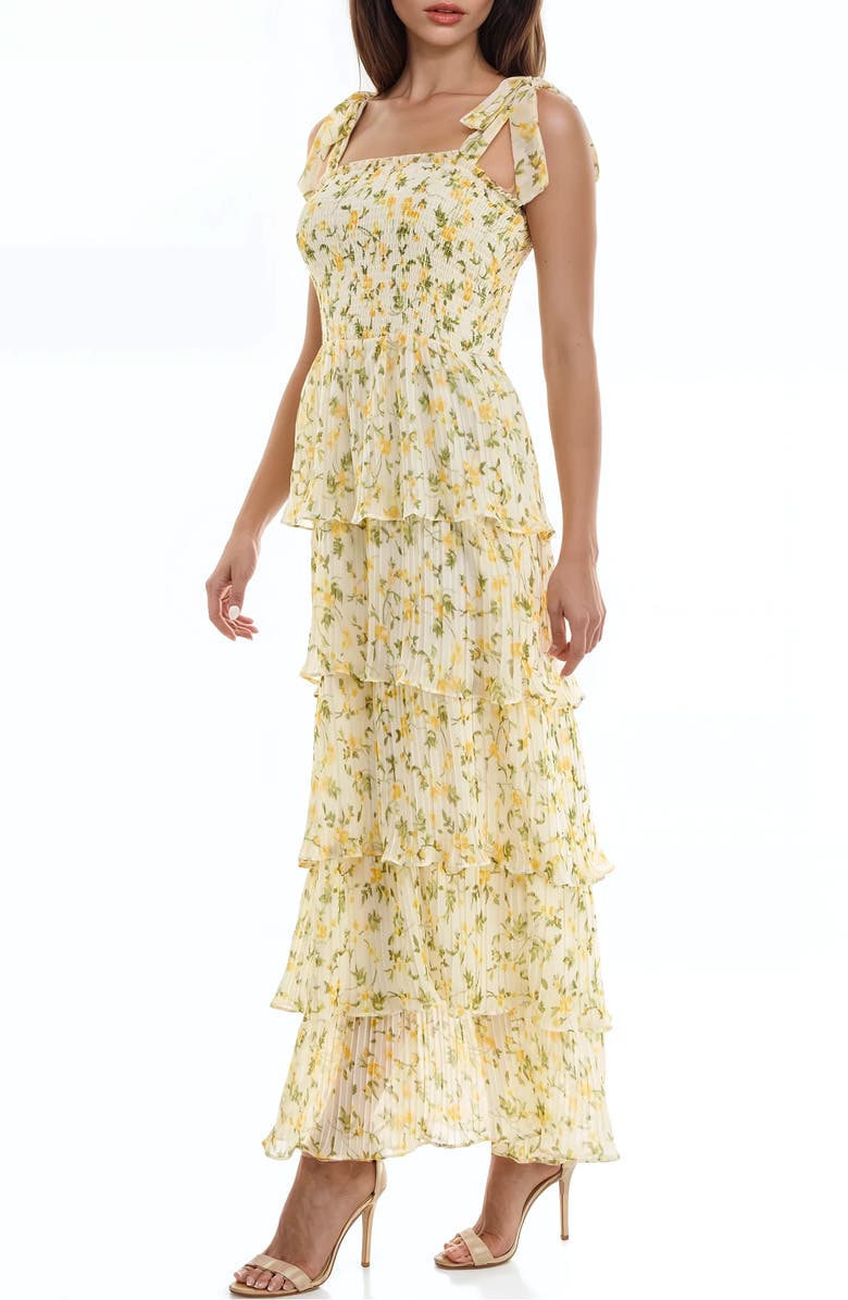 Socialite Floral Print Pleated Tier Maxi Dress, Alternate, color, Yellow Ditsy