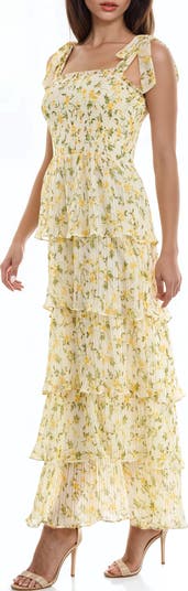 Floral Print Pleated Tier Maxi Dress