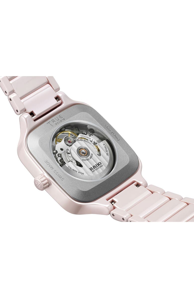 RADO True Square Automatic Open Heart Ceramic Bracelet Watch, 38mm, Alternate, color, Pink