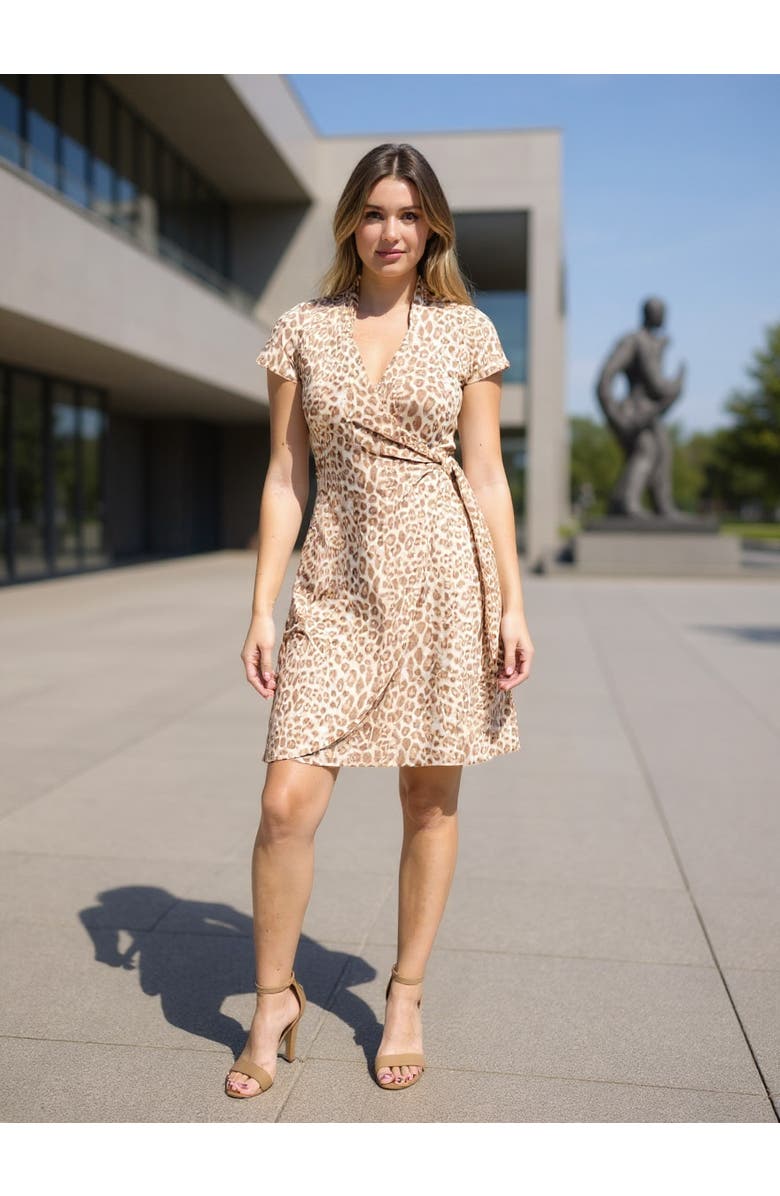 24seven Comfort Apparel Womens Cheetah Collar Knee Length Side Tie Wrap Dress, Alternate, color, Brown Multi