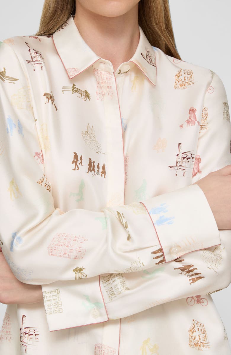 Lafayette 148 New York Scottie New Yorker Print Silk Twill Button-Up Shirt, Alternate, color, Cloud Multi