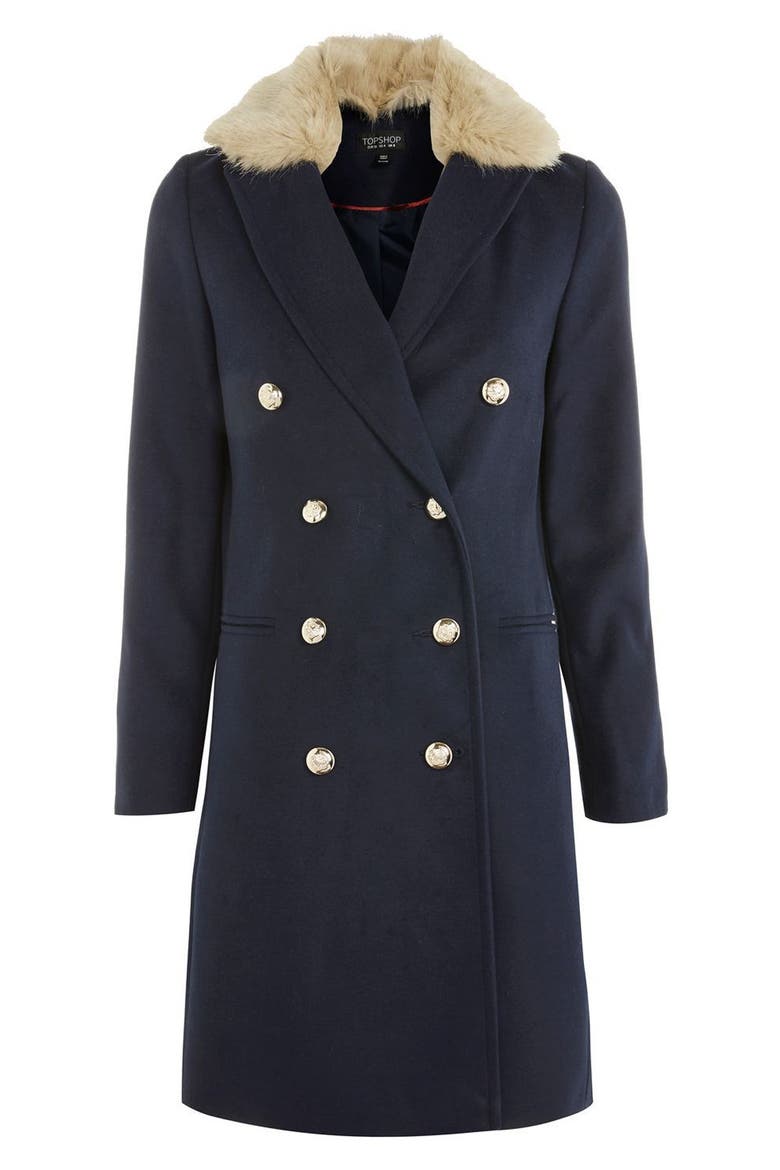 Nina Faux Fur Collar Double Breasted Coat, Alternate, color, NAVY BLUE