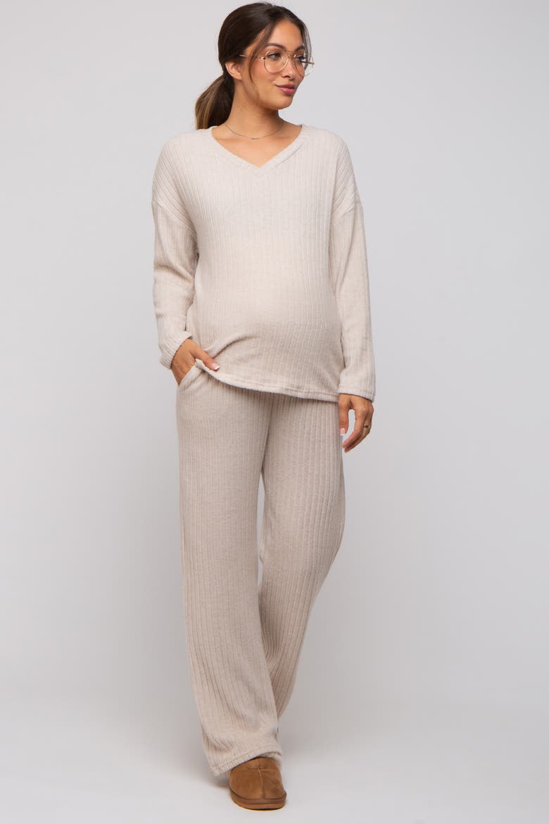Ribbed Soft Knit Long Sleeve Pajama Set, Alternate, color, Beige