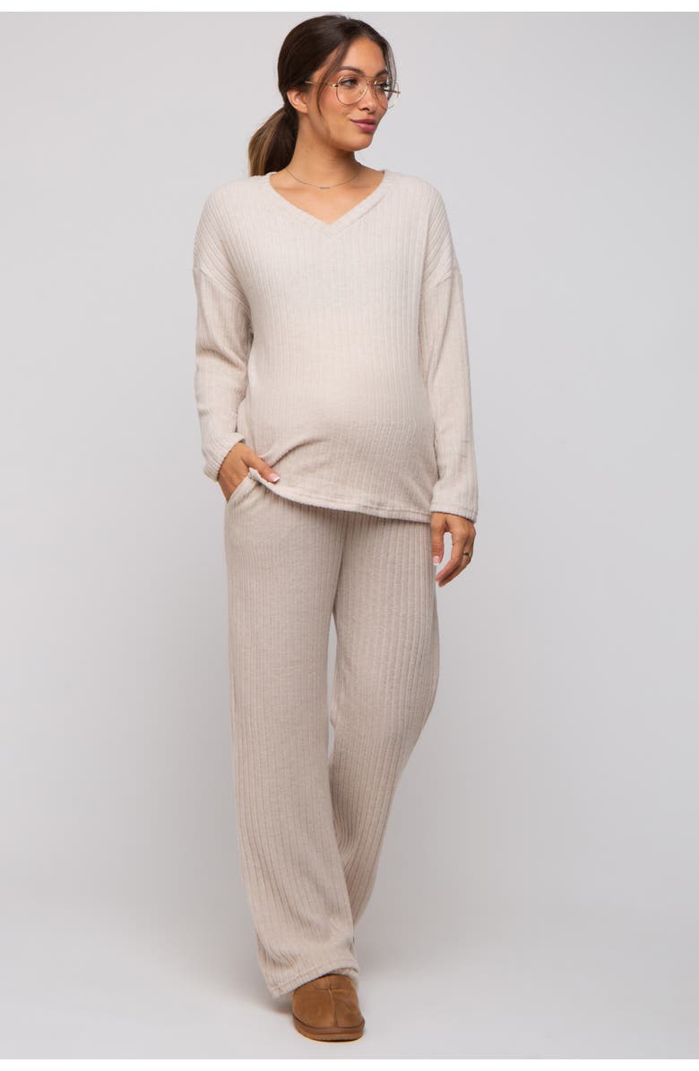 PinkBlush Ribbed Soft Knit Long Sleeve Pajama Set, Alternate, color, Beige