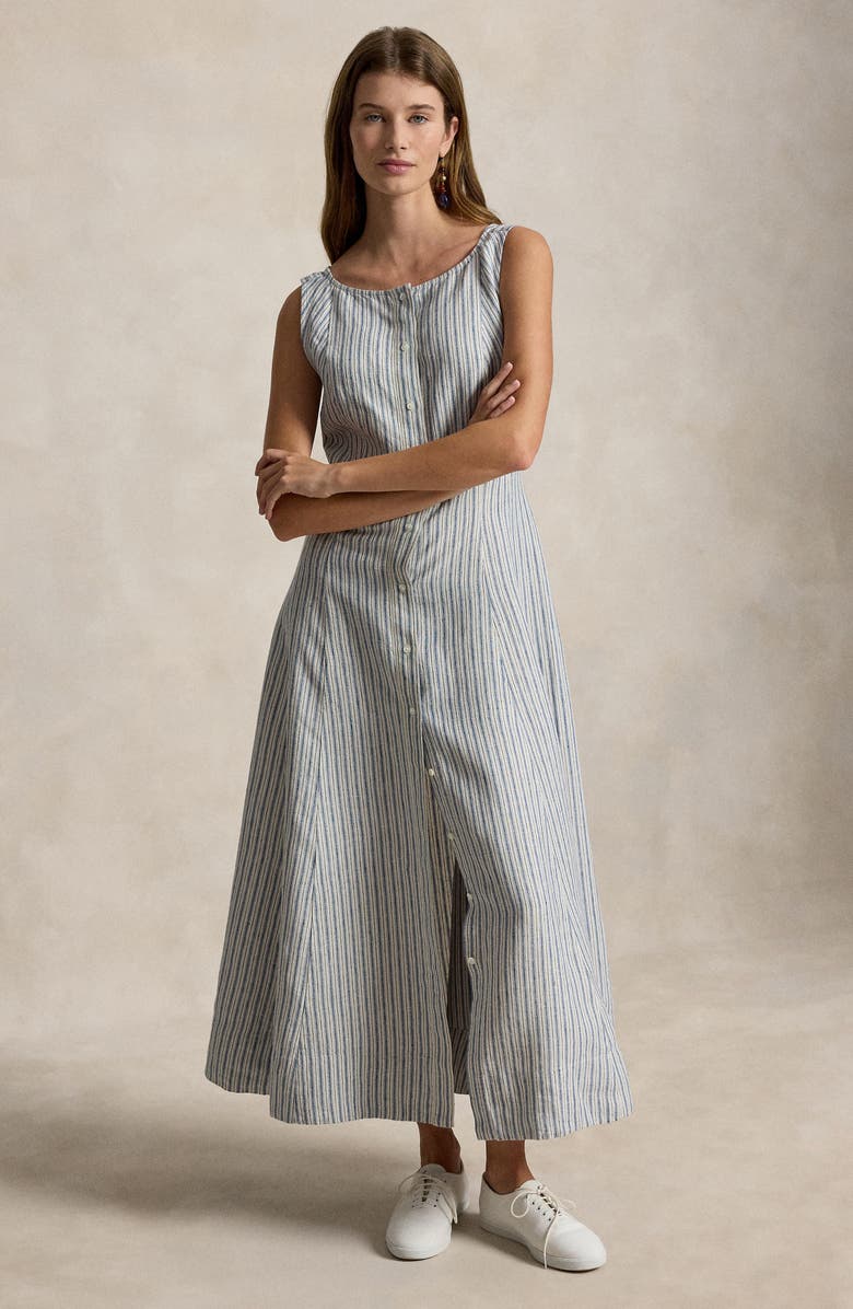 Polo Ralph Lauren Stripe Panel Linen Dress, Alternate, color, Navy-Light Blue Multi