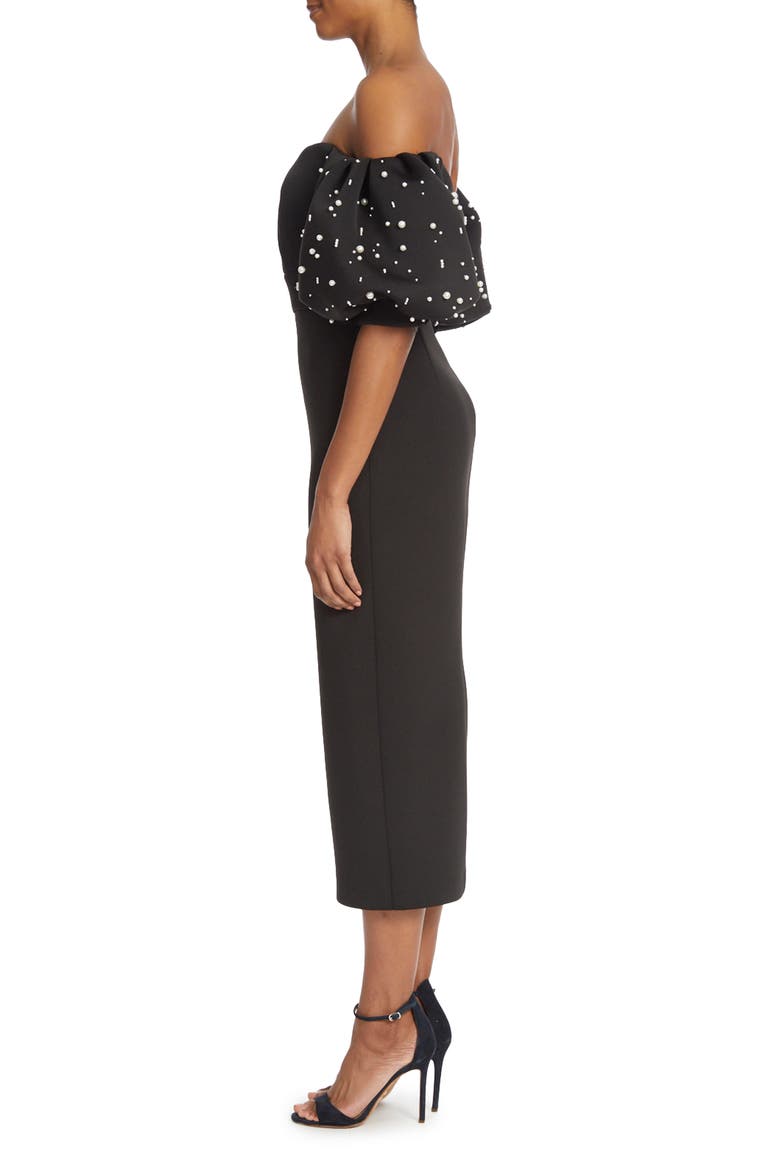 Imitation Pearl Off the Shoulder Sheath Midi Dress, Alternate, color, BLACK WHITE