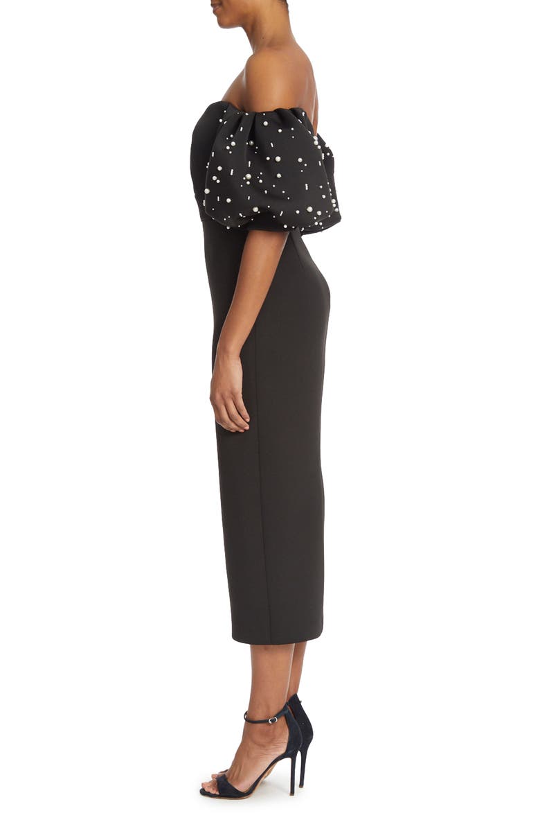 Badgley Mischka Collection Imitation Pearl Off the Shoulder Sheath Midi Dress, Alternate, color, 
