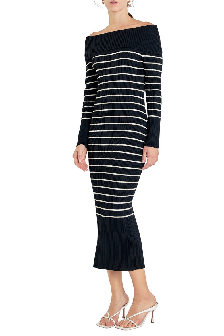Stripe Off the Shoulder Long Sleeve Sweater Dress, Alternate, color, BLACK STRIPED