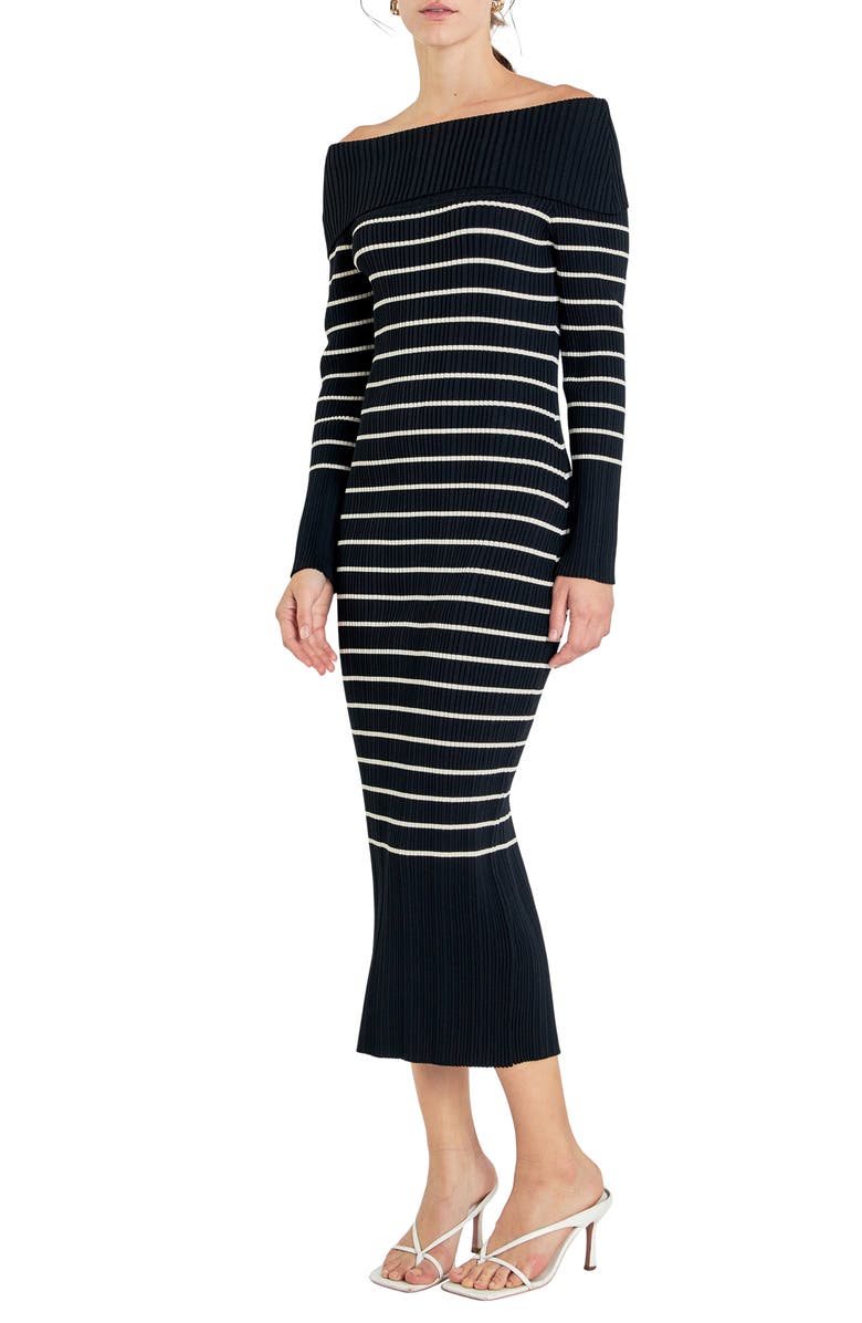 Endless Rose Stripe Off the Shoulder Long Sleeve Sweater Dress, Alternate, color, Black Striped
