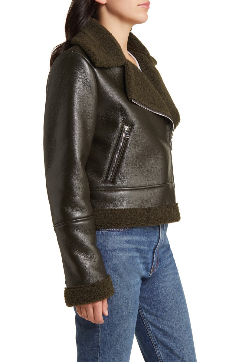 Vigoss Faux Shearling Moto Jacket, Alternate, color, Olive