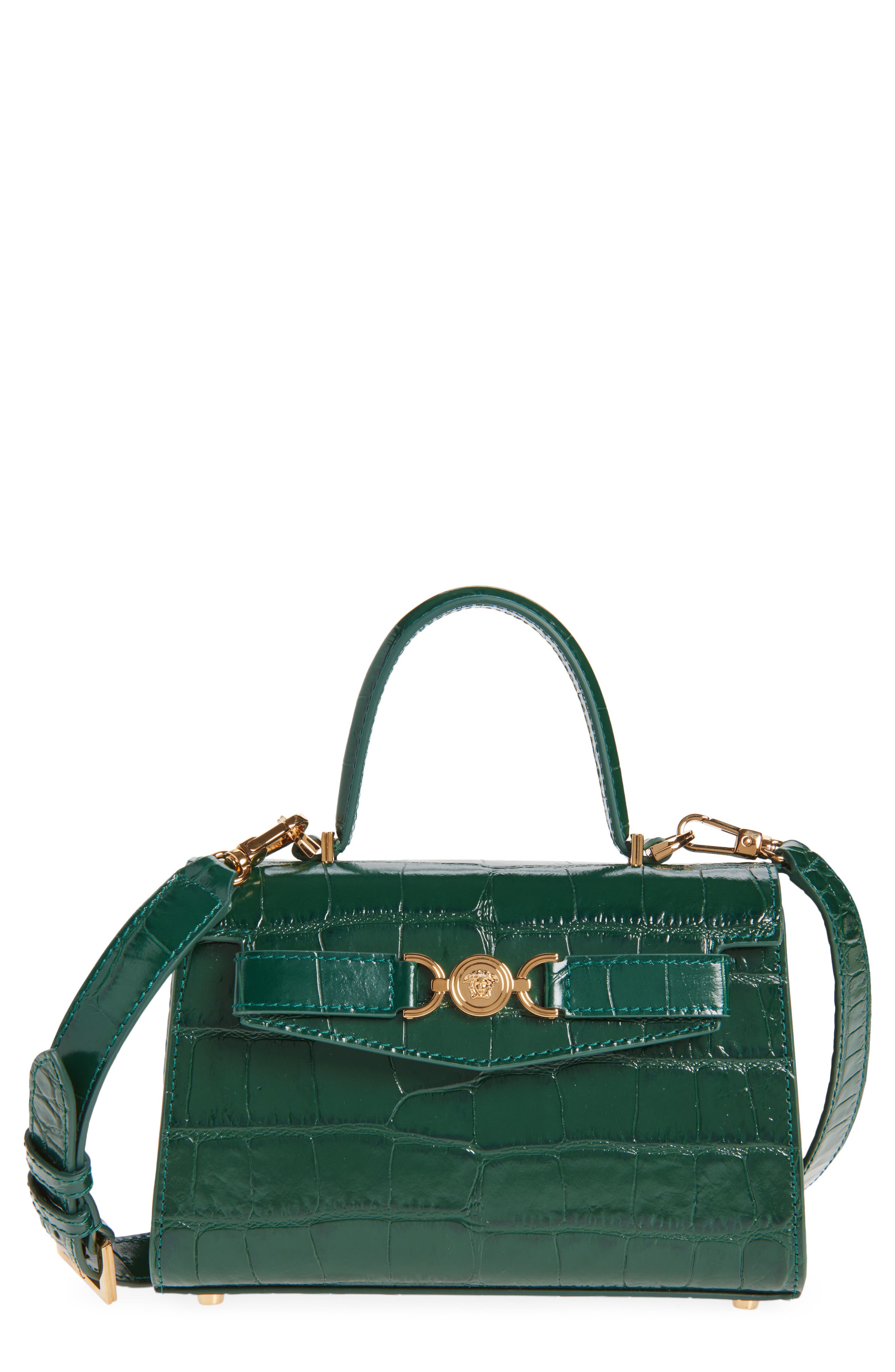 Versace Small Medusa '95 Croc Embossed Leather Top Handle Bag, Main, color, Dark Emerald Gold