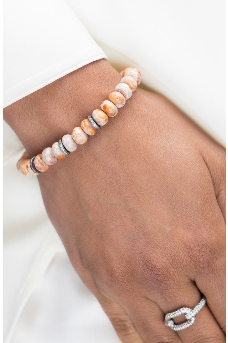 Mexican Fire Opal 8MM Bead Bracelet With 3 Diamond Rondelles, Alternate, color, Fire Opal / Sterling Silver