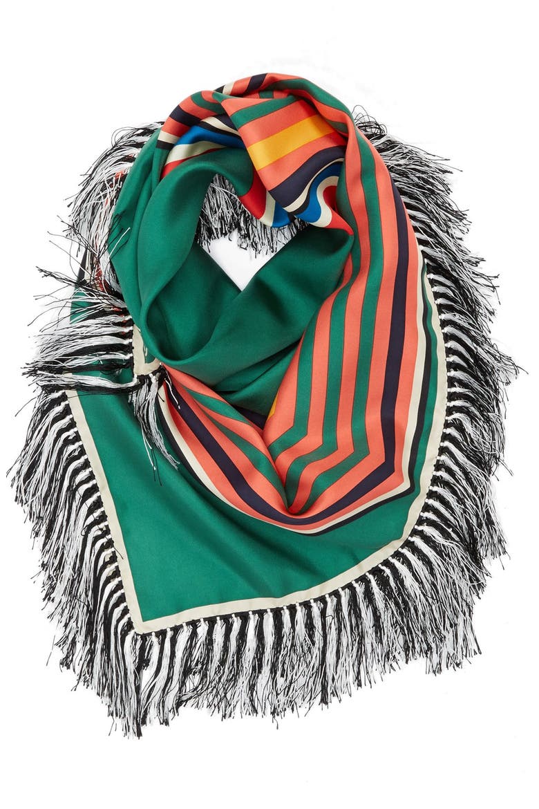 'Fret' Fringed Silk Twill Square Scarf, Main, color, GREEN