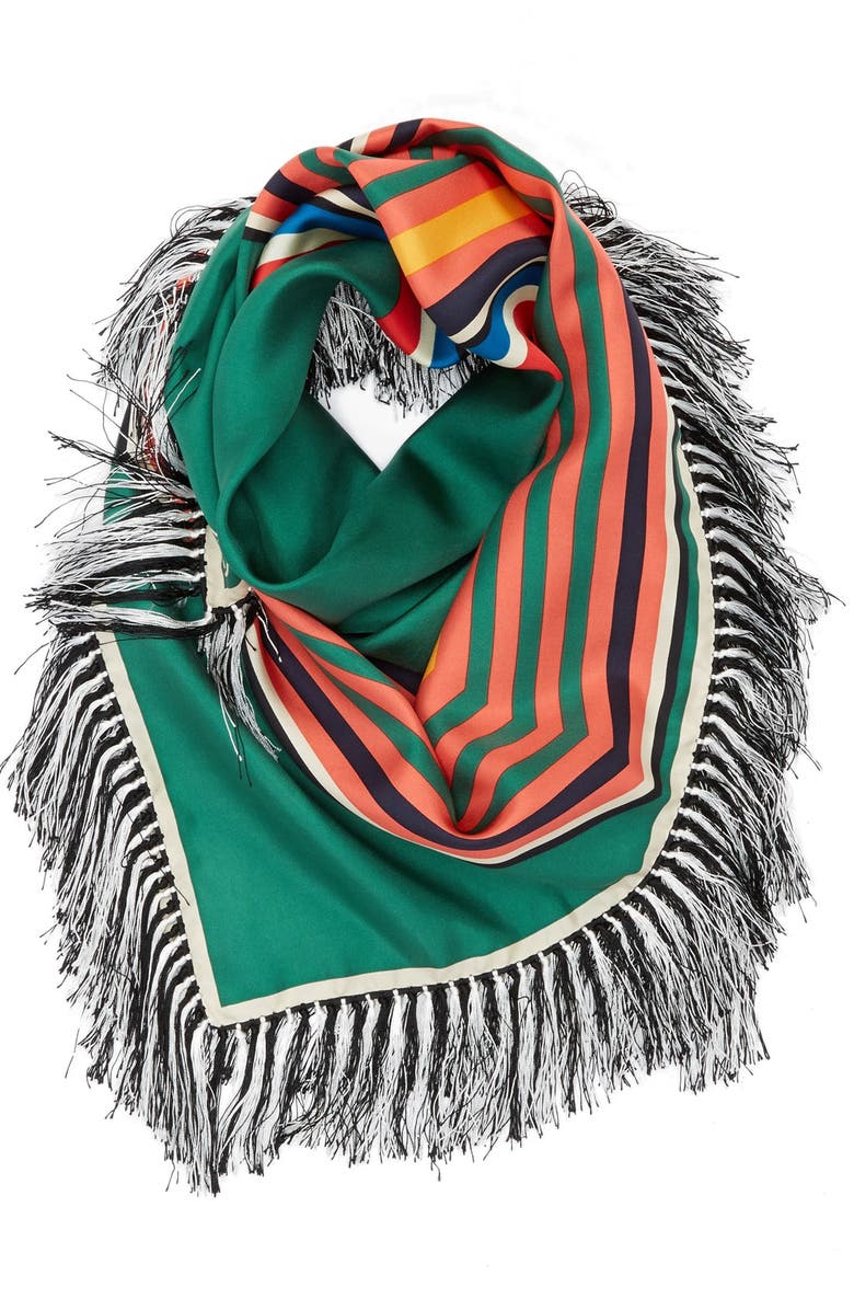 Tory Burch 'Fret' Fringed Silk Twill Square Scarf, Main, color, 