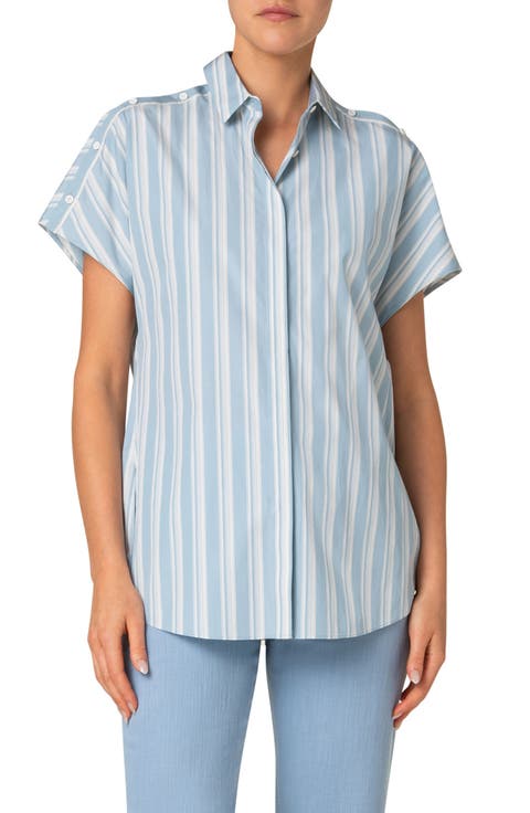 Stripe Cap Sleeve Button-Up Shirt