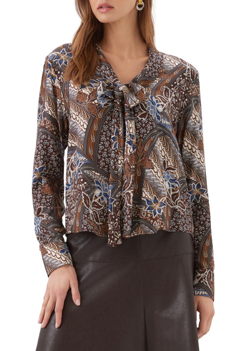 Printed Long Sleeve Bow Top, Main, color, BROWN PRINT