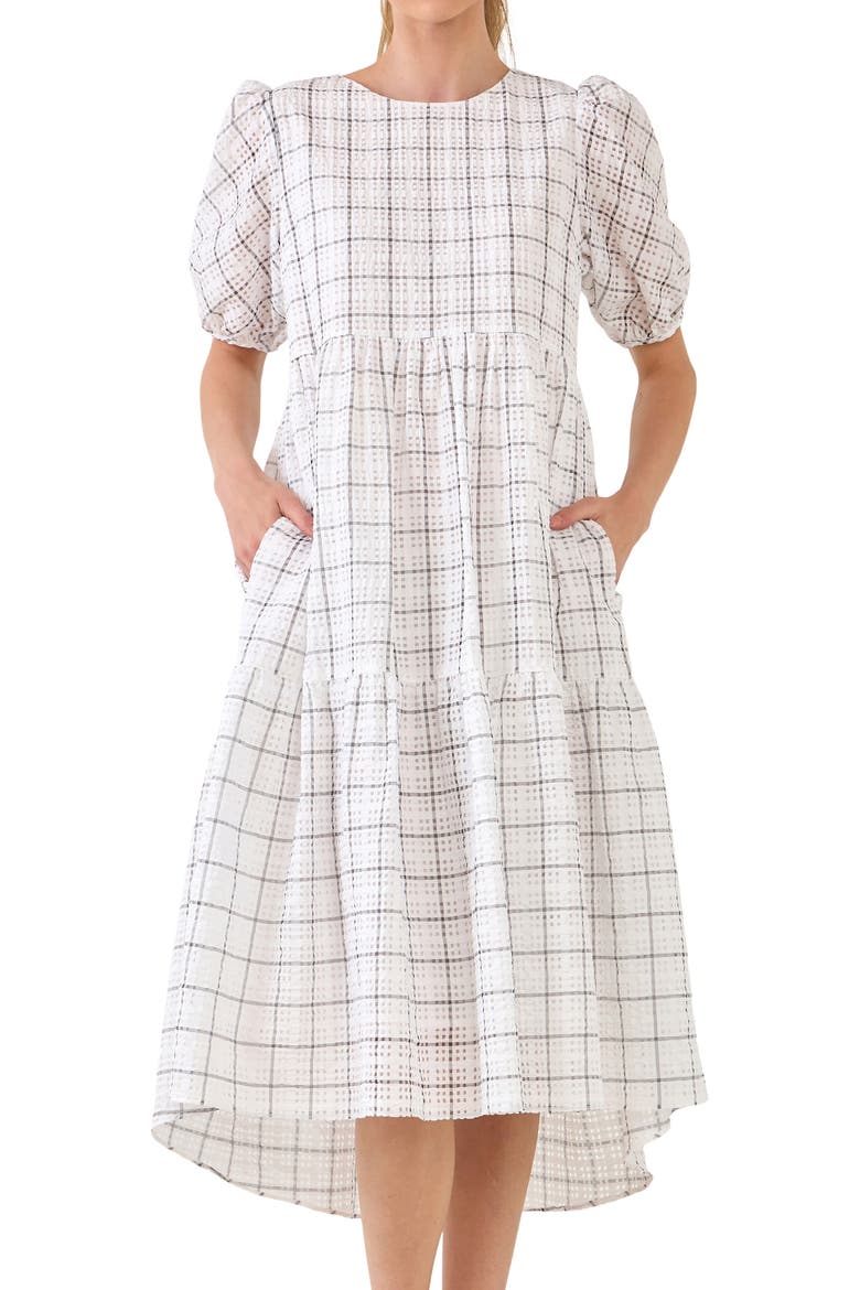 Plaid Tiered Ruffle Cotton Blend Dress, Alternate, color, WHITE