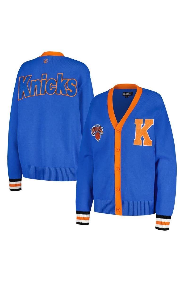 FISLL Women's FISLL Blue New York Knicks Chenille Letterman Cardigan Sweater, Main, color, 