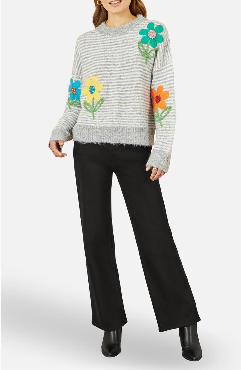 Yumi Striped Relaxed Fit Jumper With Flowers, Alternate, color, Grey