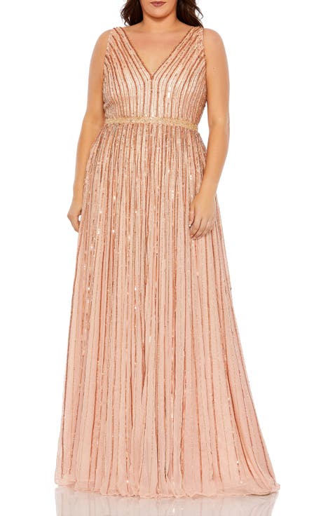 Sequined Striped Sleeveless V Neck A Line Gown (Plus)