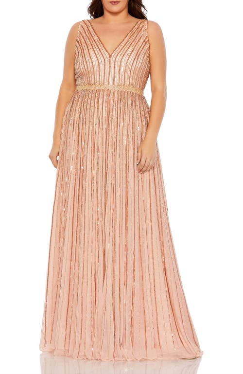 Mac Duggal Sequined Striped Sleeveless V Neck A Line Gown (plus) In Apricot