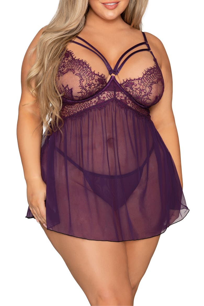 Eyelash Lace Underwire Babydoll Chemise & Thong Set, Main, color, PLUM
