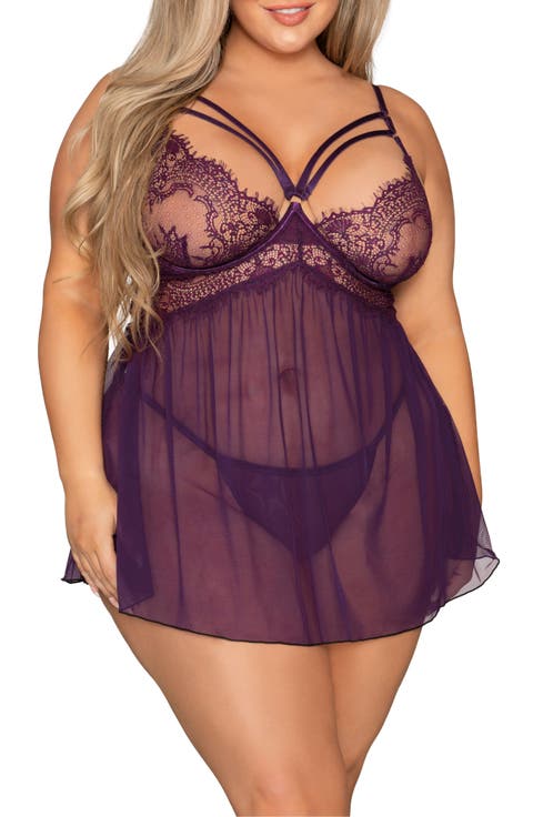 Eyelash Lace Underwire Babydoll Chemise & Thong Set (Plus)