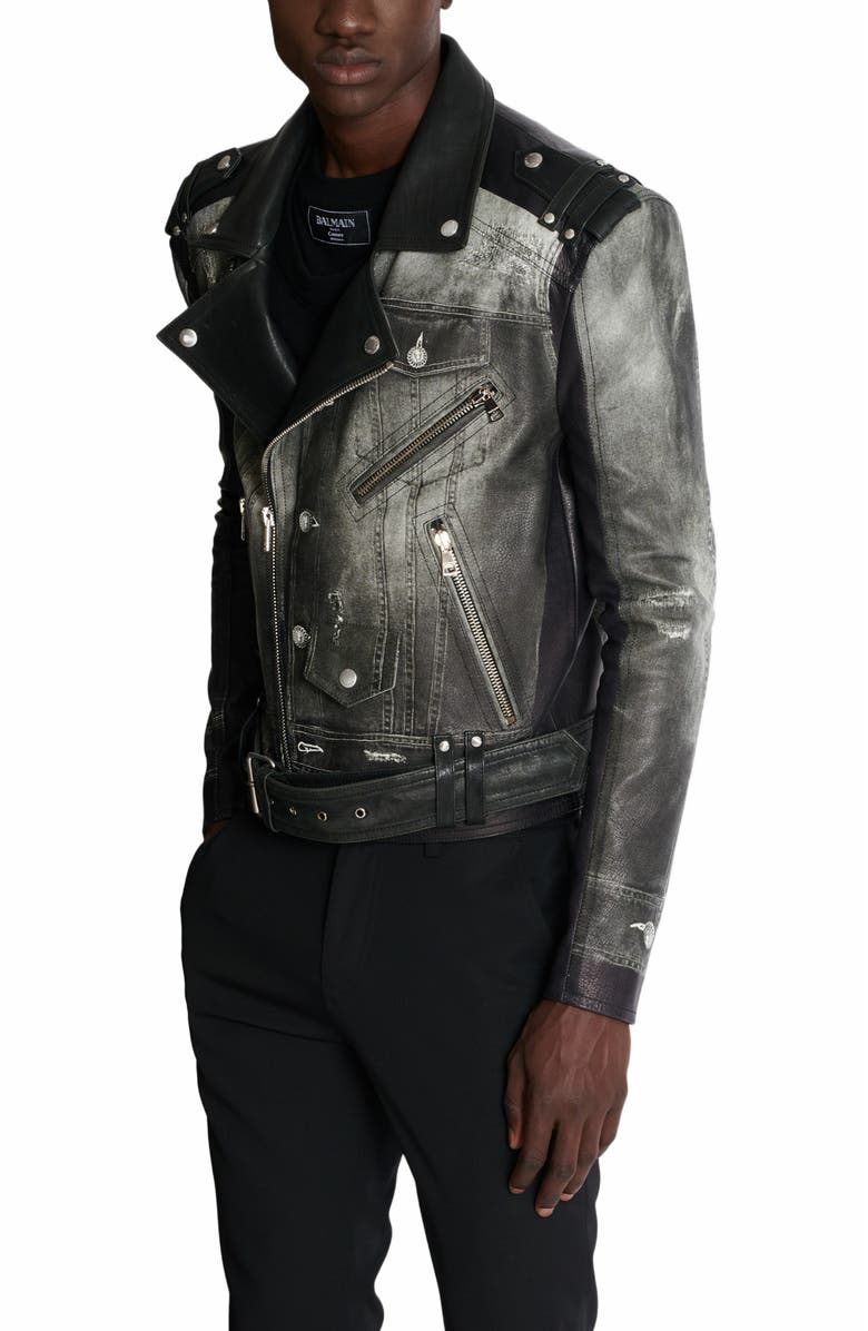 Balmain Leather Biker Jacket With Denim Print, Alternate, color, 