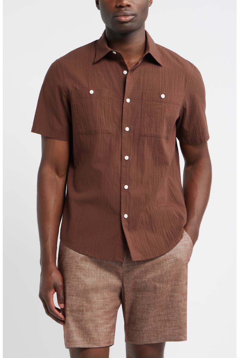 Solid Short Sleeve Cotton Blend Seersucker Button-Up Shirt, Main, color, BROWN ROCK