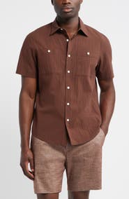 Nordstrom Solid Short Sleeve Cotton Blend Seersucker Button-Up Shirt