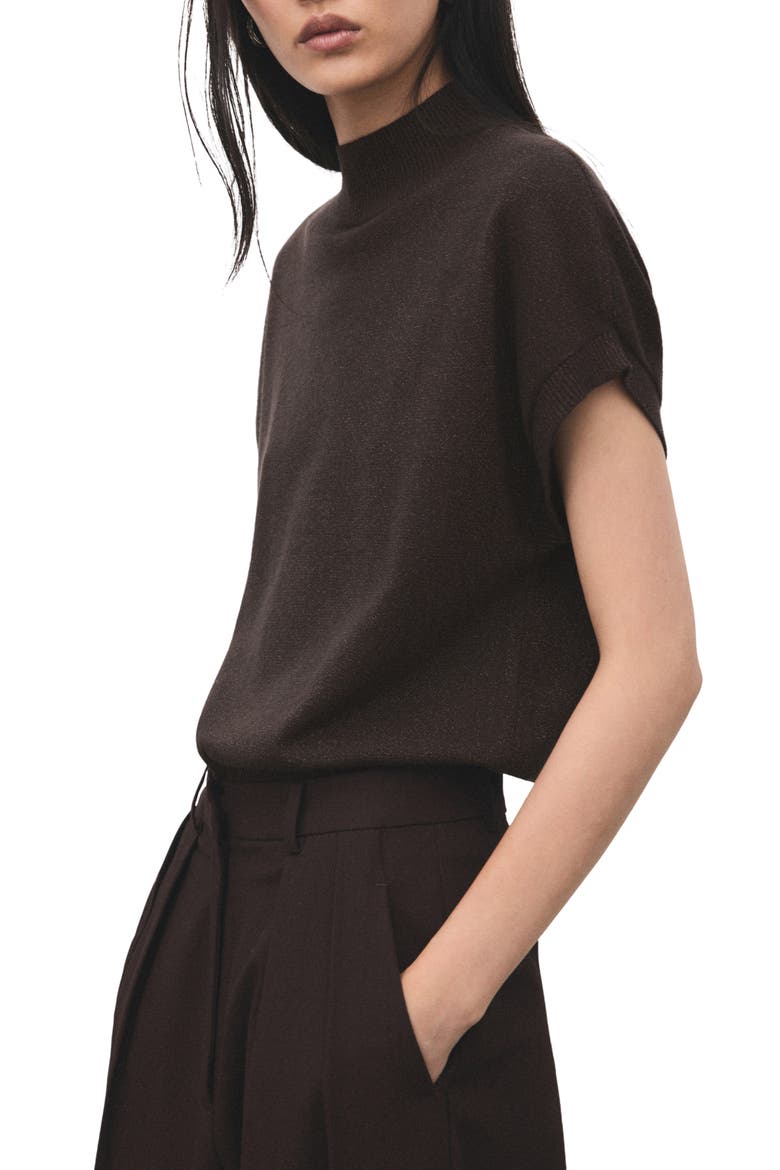 Metallic Mock Neck Short Sleeve Sweater, Main, color, CHOCOLATE