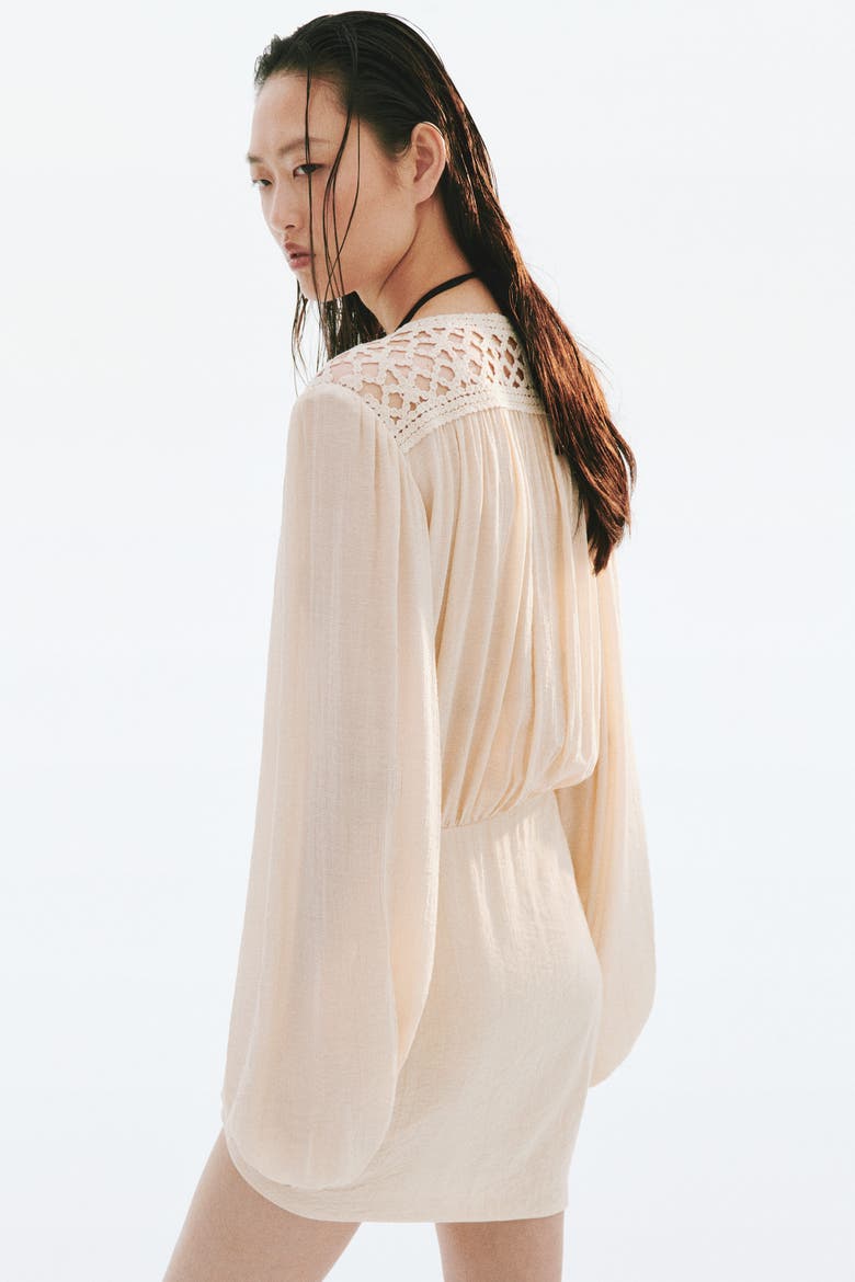 Drawstring-detail Balloon-sleeved Dress, Alternate, color, Light apricot