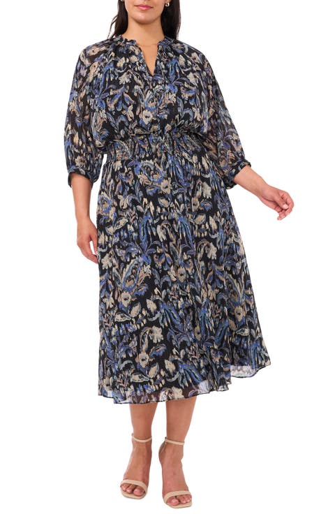 Metallic Print Smocked Waist Chiffon Midi Dress (Plus)