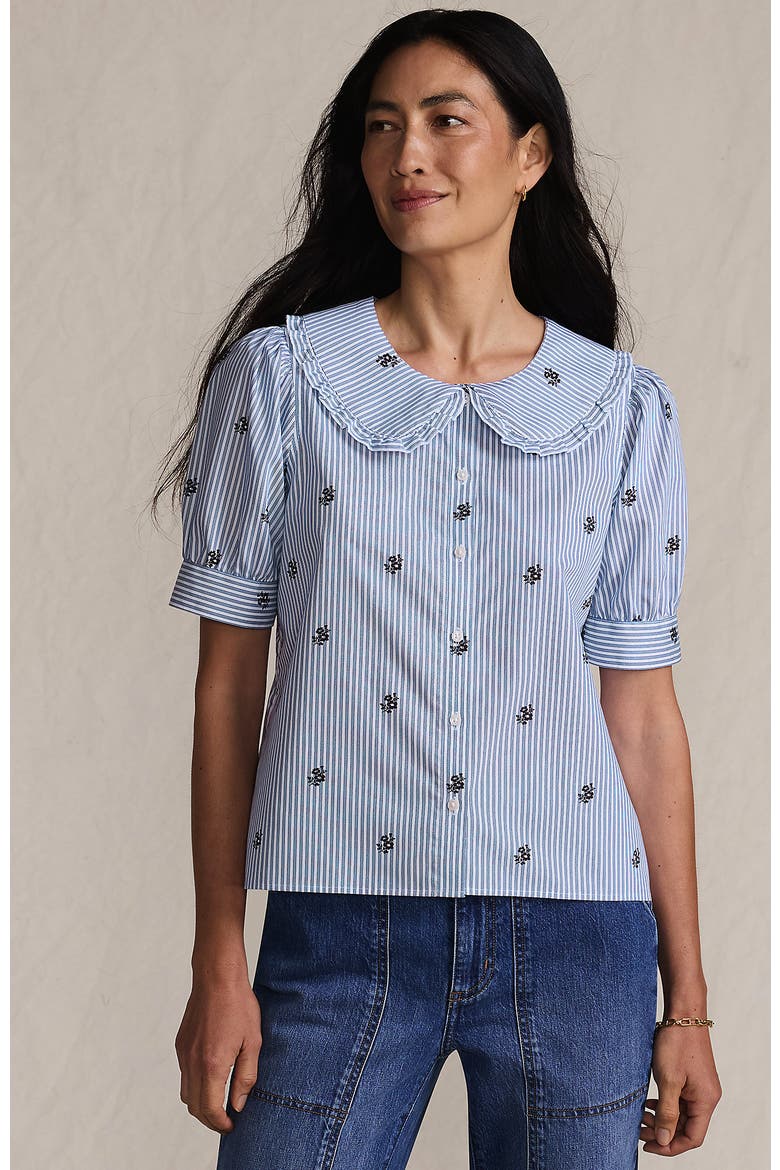 Easy Care Puff Sleeve Statement Collar Shirt, Main, color, White/Blue Floral Stripe