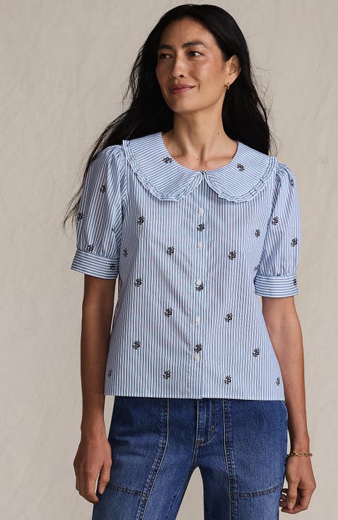 Easy Care Puff Sleeve Statement Collar Shirt