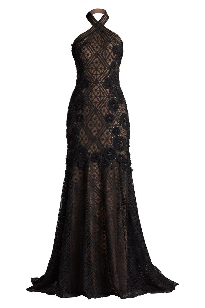 Embroidered Sequin Lace Halter Neck Gown, Alternate, color, BLACK/ BEIGE